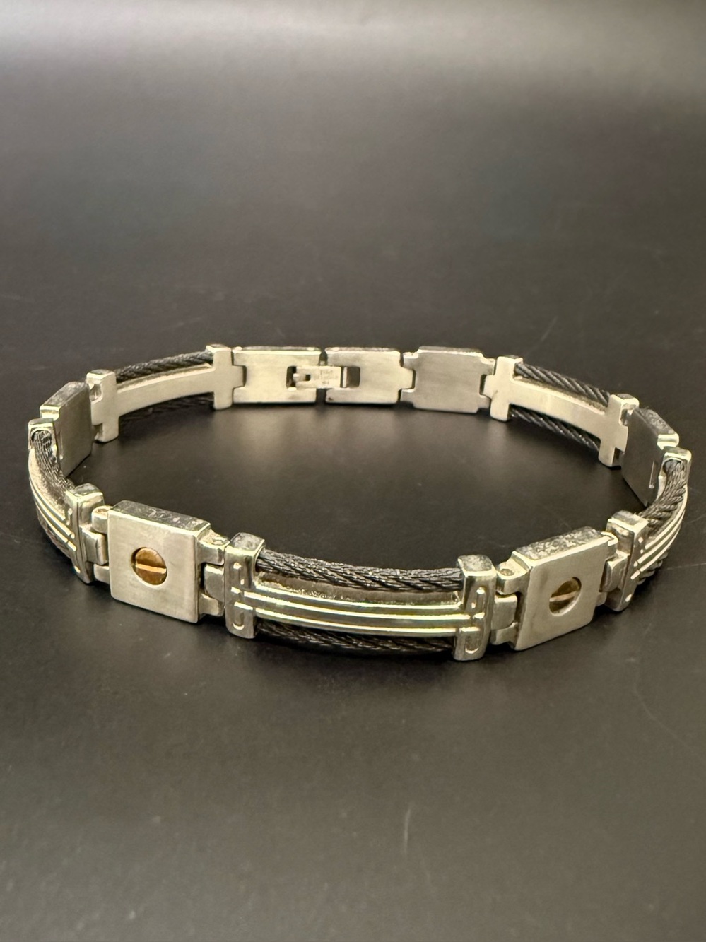 Signed 14K Stainless Steel Black Wire Cable Link Gold Screws 9” Men’s Bracelet